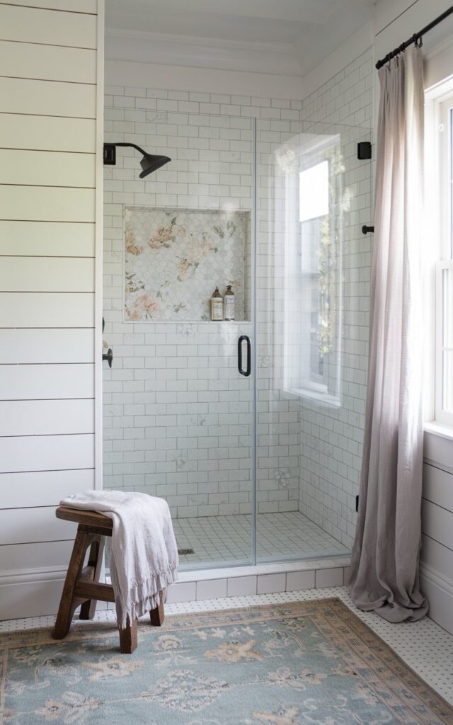 A photo of a farmhouse with a modern cottagecore bathroom. The bathroom has a minimalistic touch and features a frameless glass shower door instead of traditional curtains. The glass door is sleek and clear, with minimal hardware in matte black, allowing the charm of the shower's interior—white subway tiles with soft floral tiles—to shine through. The surrounding space includes a shiplap wall, a rustic wooden stool with a linen towel draped over it, and a vintage rug in soft pastel tones. Natural light pours in from a nearby window dressed in light linen curtains. The overall vibe is airy, romantic, and thoughtfully simplified.
