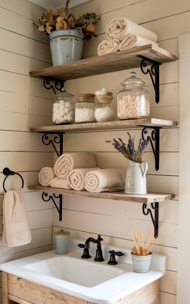 A photo of a farmhouse-style bathroom with open rustic wooden shelves made of weathered oak, mounted on black wrought iron brackets. The shelves are styled with neatly rolled beige towels, vintage glass apothecary jars filled with cotton balls and bath salts, and a ceramic jug holding dried lavender. Behind the shelves, the wall is covered in soft white shiplap or distressed paint, radiating cozy simplicity. Below the shelves, an apron-front vanity adds to the rustic charm. The vibe is warm, welcoming, and effortlessly organized—like your grandma's country home, but make it Pinterest-worthy. Golden hour lighting.