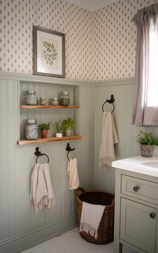 A photo of a farmhouse-style bathroom with soft sage beadboard walls. There is a built-in wooden shelf ledge above the paneling, holding mason jars, mini potted herbs, and a framed botanical print. The wall continues upward into a vintage wallpaper pattern. Below, there is a pedestal sink and a shaker-style vanity. Wrought iron hooks, a wicker basket, and a cozy linen curtain add finishing touches to this charming, rustic space that feels both practical and welcoming.
