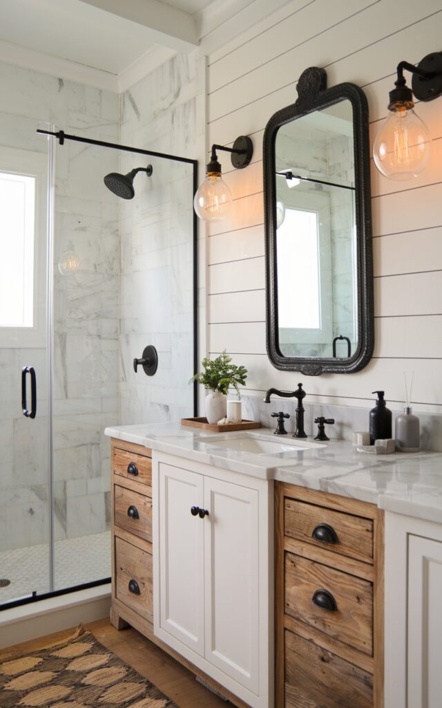 A photo of a farmhouse-style bathroom with white marble surfaces and bold matte black fixtures. The vanity countertop and shower walls are made of crisp white marble with soft gray veining. Black metal faucets, showerheads, and cabinet pulls stand out against the stone. The room includes a vintage-inspired black-framed mirror above a rustic wooden vanity in warm, reclaimed oak. Shiplap walls painted in soft white add texture, while black industrial-style sconces with clear glass bulbs (warm light on) flank the mirror. A patterned woven rug lies on a natural wood floor, and a small potted plant rests on the counter for a touch of greenery. The overall look blends clean elegance with farmhouse warmth.
