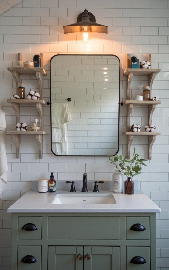 A photo of a farmhouse-style bathroom with a rectangular mirror framed by slim, wraparound wooden shelving on the top and both sides, creating a built-in look. The shelves are made of distressed wood, holding small mason jars, cotton rounds, and vintage-style toiletries. The mirror hangs above a shaker-style vanity in muted sage, with black hardware and a ceramic sink. The backdrop features classic white subway tile with a dark grout line. Overhead, a barn-style light fixture casts a warm glow, tying together the cozy, functional charm of a lived-in farmhouse aesthetic.