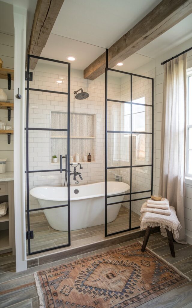 A photo of a farmhouse-style ensuite bathroom with a glass-enclosed wet zone that combines a freestanding tub and rainfall shower. The tub sits on rustic wood-look tile flooring, centered under matte black shower fixtures. Framed glass panels surround the wet area with black grid trim for a modern barnhouse feel. Shiplap walls are painted soft white, contrasted by exposed wooden ceiling beams. A vintage rug anchors the space outside the glass enclosure. Warm brass accents, a stool with folded linens, and a trailing plant in the corner soften the space. Outside the wet area, there is a vanity, open shelves, etc. Natural light pours in from a nearby window with light linen curtains.