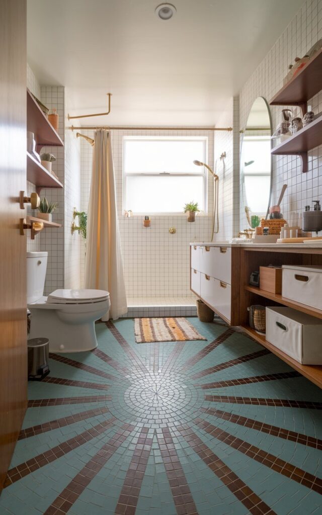 A photo of a mid-century modern bathroom with a striking mosaic tile floor. The floor features a bold sunburst pattern in muted tones of teal, mustard, and burnt orange. The geometric design adds dynamic visual interest beneath sleek white fixtures and warm wood accents. Clean lines, brass hardware, and soft natural light complete the retro-inspired space. The bathroom contains a toilet, shower area, a vanity with essentials, storage boxes, open shelves, a curtained window, a floor rug, and a few plants.