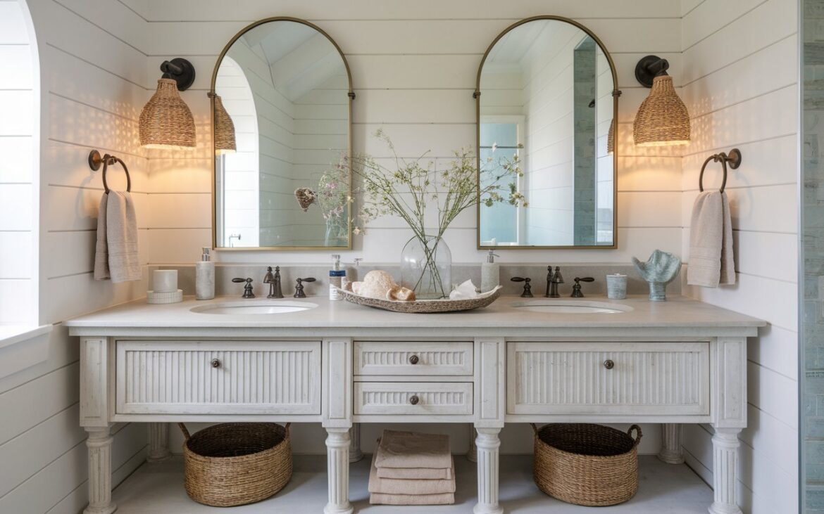 A full view of a serene cottagecore + coastal style bathroom. The focal point is a beautifully styled double vanity made of whitewashed wood with vintage-style legs and fluted drawer fronts. A photo of a serene cottagecore and coastal style bathroom. The focal point is a beautifully styled double vanity made of whitewashed wood with vintage-style legs and fluted drawer fronts. The vanity top is soft-toned stone with subtle veining, adorned with a mix of decor and function—an antique glass tray with neatly arranged skincare, a small stack of folded linen hand towels, a seashell-shaped ceramic dish holding rings, and a dainty clear vase with wildflowers. Above it, two arched mirrors with brushed brass frames reflect a soft, breezy palette of whites, ocean blues, and sandy neutrals. Rattan sconces (Warm yellow light on) add warmth on either side, while open shelves below the vanity display 2 woven baskets. The backdrop features vertical beadboard walls in a pale seaglass hue, a jute rug underfoot, and a soft linen curtain billowing by the window—blending the charm of cottagecore with coastal freshness. The bathroom has a toilet, shower area, and curtained window.