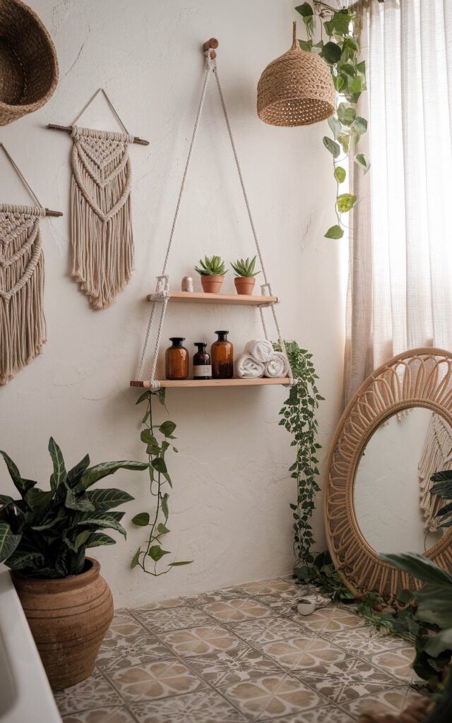 A photo of a Boho-style bathroom with a rope-suspended wooden shelf hanging against a textured white wall. The shelf holds small potted plants, rolled hand towels, and amber glass jars. Surrounding décor includes woven baskets, macramé wall art, patterned floor tiles in earthy tones, and a large round mirror with a natural rattan frame. The space is filled with greenery—trailing plants on the shelf and leafy plants in ceramic pots on the floor. Soft, natural lighting filters in through a sheer linen curtain, enhancing the cozy, eclectic vibe.