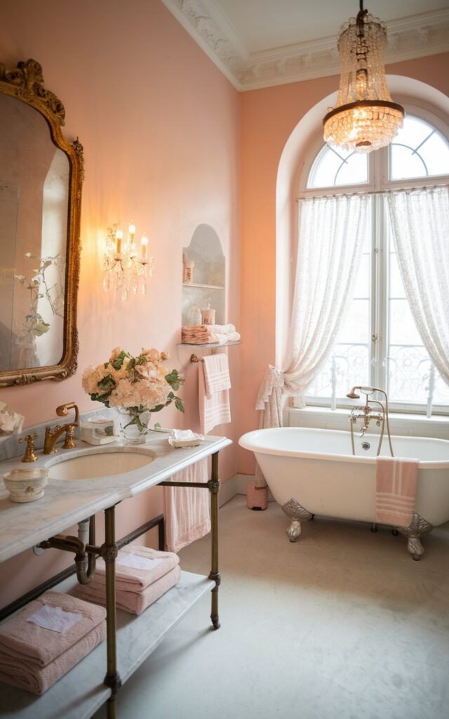 A photo of a fully furnished European-style bathroom with soft blush pink walls. The room is elegantly furnished with a freestanding clawfoot tub beneath a grand arched window dressed in lace curtains. There's an antique gold-framed mirror hanging above a marble-topped vanity with brass fixtures. Crystal sconces and a vintage chandelier provide warm, glowing light. Delicate floral arrangements, folded linen towels, and dainty porcelain accents adorn the room. Natural light soft ambient.