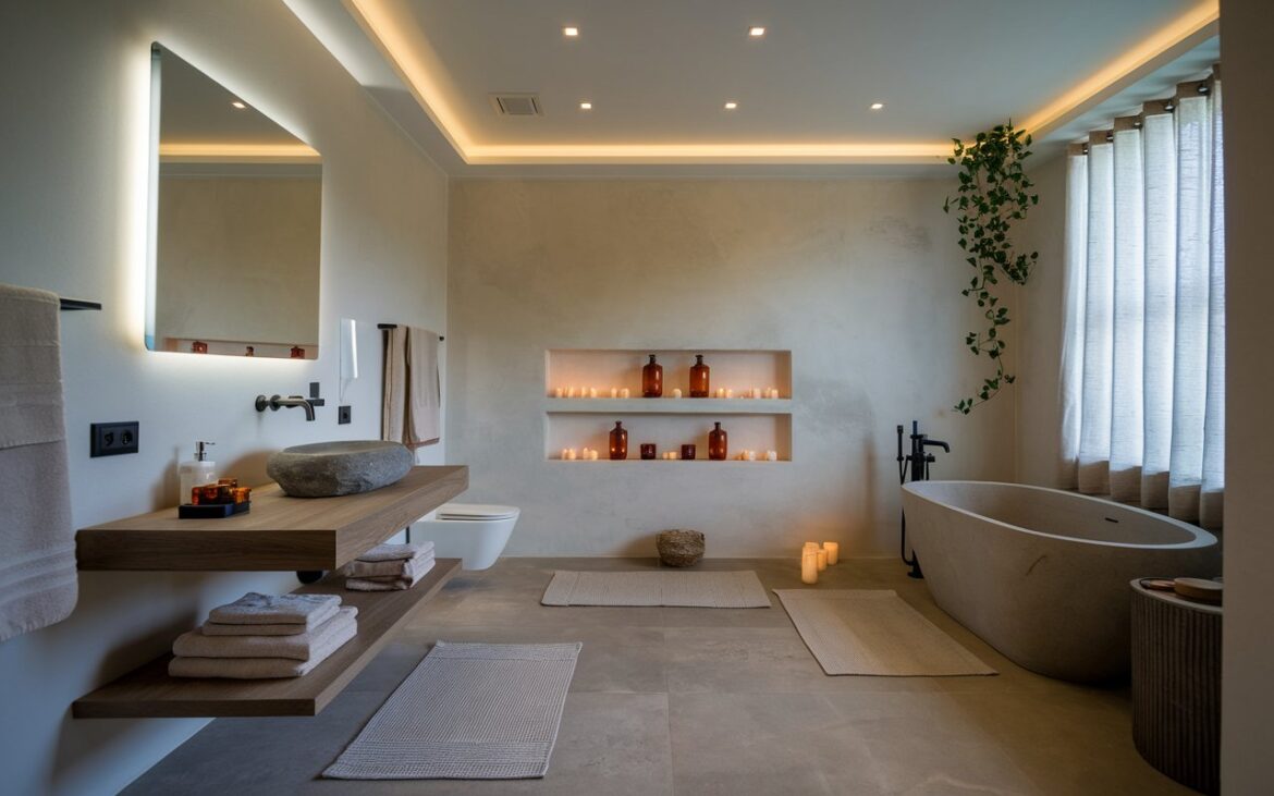 A photo of a serene minimalist bathroom with stylish comfort. There's a floating wood vanity with a stone basin sink, a backlit mirror, and matte black fixtures. The floor and walls are covered in large-format tiles in soft gray or warm beige. There's a freestanding tub near a window draped in sheer linen. A niche shelf displays amber glass bottles, candles, and a trailing plant. The room has subtle mood lighting, layered rugs, and neutral-toned towels. The ceiling has recessed lighting with LED lights. The space is well-decorated and charming.