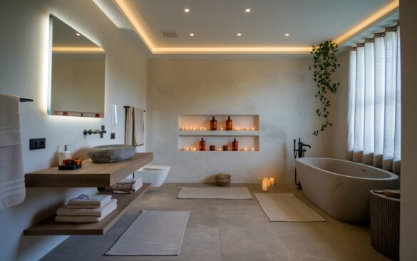 A fully furnished aesthetic bathroom that blends serene minimalism with stylish comfort. A photo of a serene minimalist bathroom with stylish comfort. There's a floating wood vanity with a stone basin sink, a backlit mirror, and matte black fixtures. The floor and walls are covered in large-format tiles in soft gray or warm beige. There's a freestanding tub near a window draped in sheer linen. A niche shelf displays amber glass bottles, candles, and a trailing plant. The room has subtle mood lighting, layered rugs, and neutral-toned towels. The ceiling has recessed lighting with LED lights. The space is well-decorated and charming.
