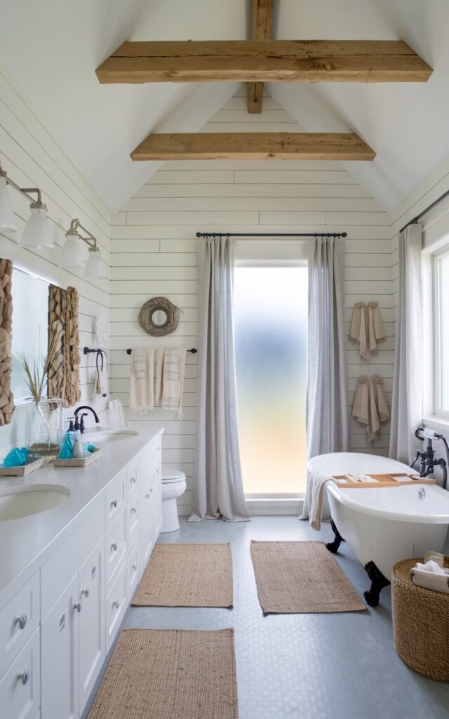 A photo of a fully furnished bathroom painted in crisp classic white. The bathroom features shiplap walls and a vaulted ceiling with exposed natural wood beams. There are coastal-inspired accessories like driftwood mirrors, sea glass soap dishes, and woven jute rugs. There are also alpine elements such as cozy wool towels, pinewood cabinetry, and stone accents. A freestanding white clawfoot tub sits next to a large frosted window. Brushed nickel fixtures and soft linen curtains add airy elegance. The space feels fresh, bright, and perfectly balanced between seaside calm and mountain warmth.