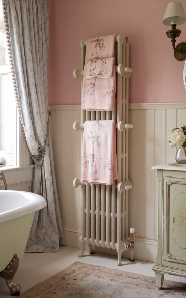 A photo of a fully furnished charming shabby chic bathroom with soft pastel walls and distressed white wood paneling. A slender, vertical radiator in antique white stands gracefully against the wall, featuring curved bars that double as a towel warmer. Delicate floral-print towels hang neatly, adding a romantic touch. The bathroom also has a clawfoot tub, a vintage vanity, curtained window, and a patterned rug. The space feels cozy, feminine, and perfectly aged with elegance.