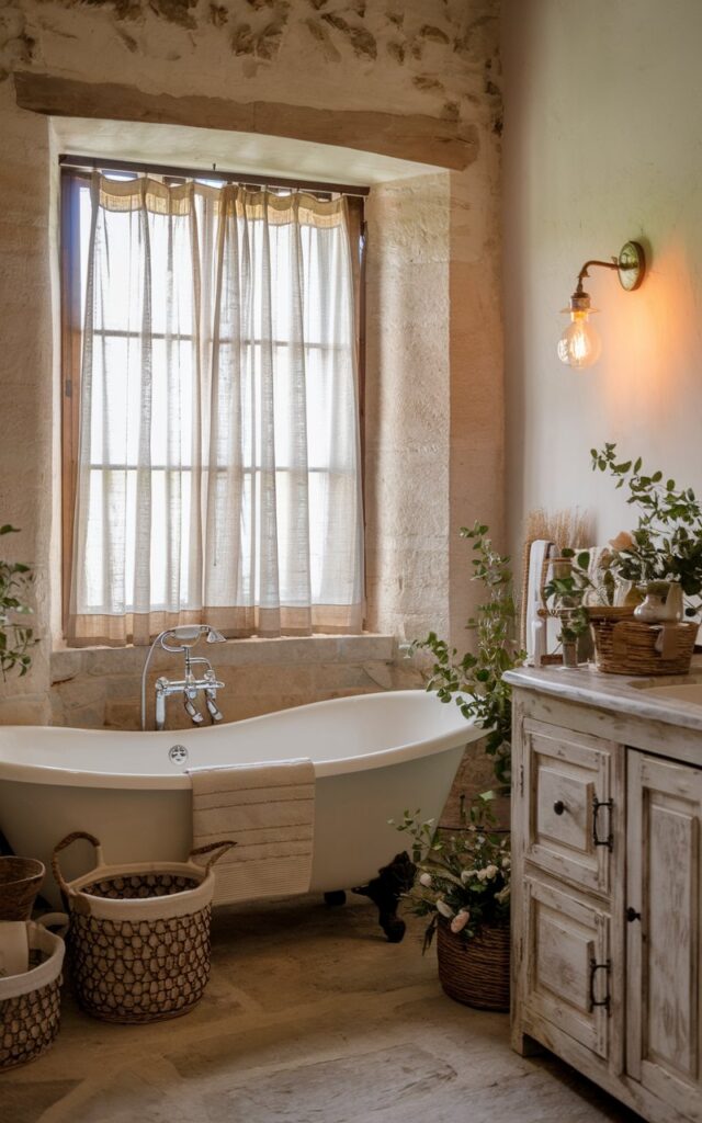 A photo of a cozy farmhouse-style bathroom with a freestanding tub and a distressed wood vanity. There's a large window with sheer beige curtains, which gently filters natural light. The walls and floors are made of stone. There's a vintage wall sconce with warm light on. The space is filled with woven baskets and greenery.