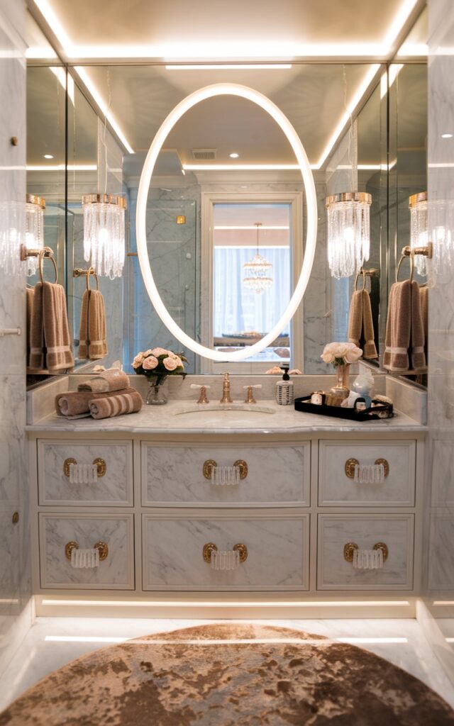A photo of a luxurious, cozy glam bathroom with a fully furnished setup. The bathroom features a large oval mirror framed with soft, warm LED backlighting. The mirror hangs above a marble-top vanity with brushed gold fixtures and crystal drawer pulls. Velvet hand towels, a small vase of roses, and a candle tray add opulent touches to the room. Soft under-cabinet lighting and a plush rug complete the elegant, inviting atmosphere. The natural light is soft and even.