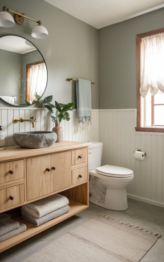 A photo of a fully furnished cozy modern rustic + chic bathroom designed with a soothing three-tone palette: soft sage walls, creamy white accents, and warm wood finishes throughout. A floating wood vanity with a stone basin anchors the space, while sage-toned cabinetry and creamy textiles—like waffle-knit towels and a plush rug—add layers of comfort. Subtle brass fixtures, a round mirror, and potted greenery complete the look, blending modern simplicity with rustic charm in a serene, cohesive palette. Natural light is soft, filtered. The bathroom has a toilet, curtained window, etc.