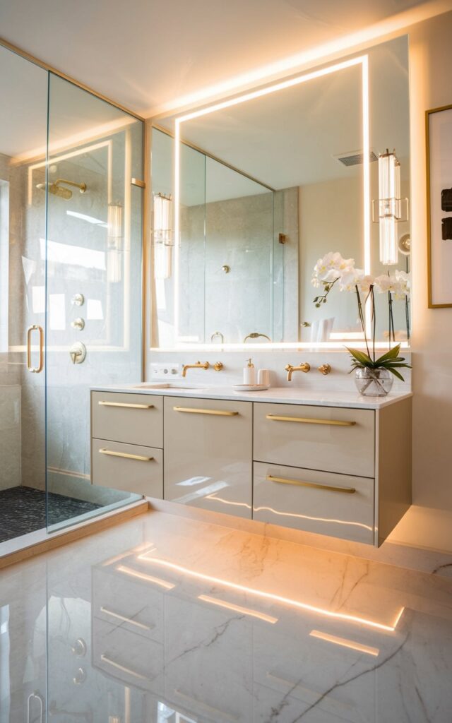 A photo of a fully furnished glam minimalistic bathroom with a floating vanity in high-gloss soft beige, accented with sleek gold handles. Under-cabinet LED strip lighting casts a soft, warm glow onto a polished marble floor, creating an upscale, ambient effect. The vanity is paired with a statement backlit mirror and crystal or brass fixtures. Surrounding elements include a frameless glass shower, minimal wall art, and a single orchid or pampas grass stem in a glass vase for a refined touch. The lighting is soft and warm, enhancing the beauty of the bathroom.