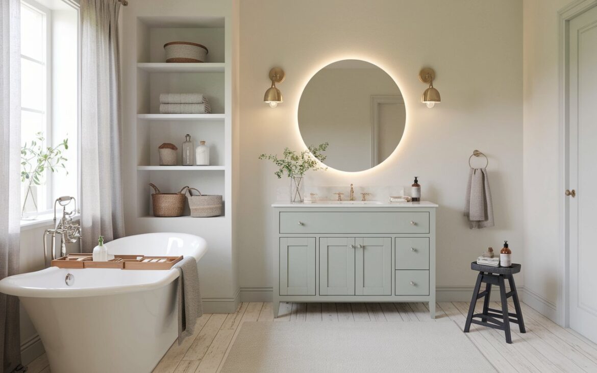 A photo of a fully furnished minimalistic bathroom blending Scandinavian serenity with English countryside charm. The space is light-filled and airy, with soft white walls and pale oak wood flooring. A classic freestanding tub with clean curves sits beneath a large window framed in sheer linen curtains. Above a slim, shaker-style vanity painted in muted sage green, a frameless round mirror with soft LED backlighting adds a modern touch. The countertop is clutter-free, holding only a white ceramic soap dish and a small vase with freshly clipped garden herbs. Wall sconces in brushed brass flank the mirror, offering a warm, subtle glow. Built-in shelves are neatly styled with folded waffle towels, woven baskets, and one or two antique-inspired jars. A vintage wooden stool beside the tub holds a lit candle and a neatly rolled towel. A leafy plant in a rustic clay pot brings gentle life to the space.