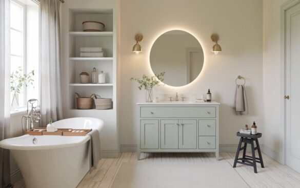A fully furnished minimalistic bathroom blending Scandinavian serenity with English countryside charm. A photo of a fully furnished minimalistic bathroom blending Scandinavian serenity with English countryside charm. The space is light-filled and airy, with soft white walls and pale oak wood flooring. A classic freestanding tub with clean curves sits beneath a large window framed in sheer linen curtains. Above a slim, shaker-style vanity painted in muted sage green, a frameless round mirror with soft LED backlighting adds a modern touch. The countertop is clutter-free, holding only a white ceramic soap dish and a small vase with freshly clipped garden herbs. Wall sconces in brushed brass flank the mirror, offering a warm, subtle glow. Built-in shelves are neatly styled with folded waffle towels, woven baskets, and one or two antique-inspired jars. A vintage wooden stool beside the tub holds a lit candle and a neatly rolled towel. A leafy plant in a rustic clay pot brings gentle life to the space.