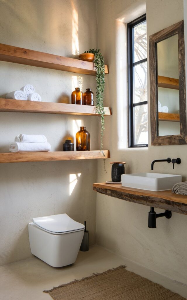 A photo of a fully furnished modern rustic bathroom. There is a sleek floating wooden shelf mounted above a white, minimal toilet. The shelves are made of smooth, medium-toned wood with clean edges and are styled with rolled white towels, amber glass jars, and a small trailing plant in a ceramic pot. The backdrop is a textured, light stone or plaster wall. Matte black fixtures, a reclaimed wood-framed mirror, and a neutral-toned woven rug complete the look. Natural light filters in through a black-trimmed window, casting warm shadows and enhancing the earthy, cozy atmosphere.