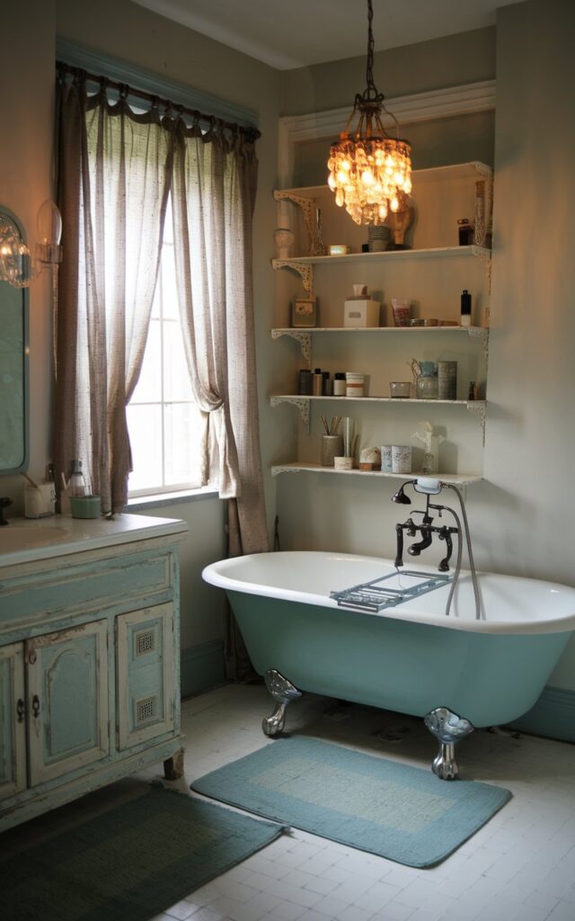 A photo of a vintage bathroom with a powder blue clawfoot tub and silver legs. There's a distressed vanity, a curtained window, a floor rug, and vintage open shelves with essentials. A chandelier with warm light glowing hangs above the tub. The bathroom has a soft, ambient natural light.