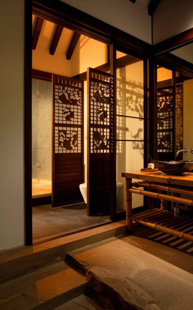 A photo of a serene ensuite bathroom with a Japanese-inspired design. The bathroom is connected to the bedroom and features a toilet hidden behind a dark wooden screen with intricate stencil patterns. The screen casts soft shadows and filters light. The bathroom has a wooden vanity with a vessel sink and bamboo accents. The floor is made of natural stone. The lighting is warm amber. The overall atmosphere is tranquil and luxurious.