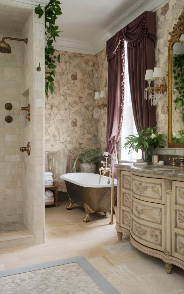 A photo of a bathroom with a luxurious and organic feel. The floor and shower walls are covered with soft beige and cream-toned limestone tiles. There's a vintage clawfoot tub, and a marble-topped vanity with intricate detailing. The space is adorned with ornate gold fixtures, floral wallpaper in muted tones, plush velvet curtains, crystal sconces, and a gilded mirror. Fresh greenery is placed in the room. The overall ambiance is timeless, sumptuous, and naturally elegant.