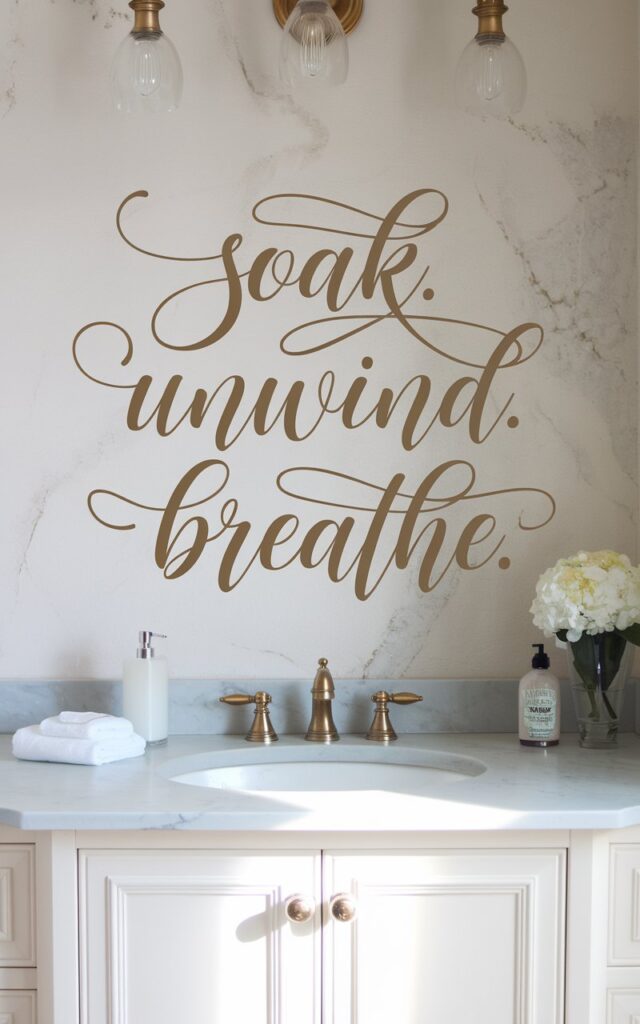 A photo of a glam bathroom with a vanity featuring a backsplash decal that says "Soak. Unwind. Breathe." in an elegant script font with soft curves in gold. The decal is small and stylish. The vanity and bathroom are fully furnished. The lighting is soft and natural.