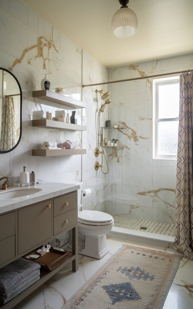 A photo of a glam bathroom with marble large tile walls featuring gold veining. The bathroom is equipped with a vanity, a toilet, open shelves with essentials, a shower area, a curtained window, a floor rug, and a ceiling pendant light. The natural light is soft and ambient.