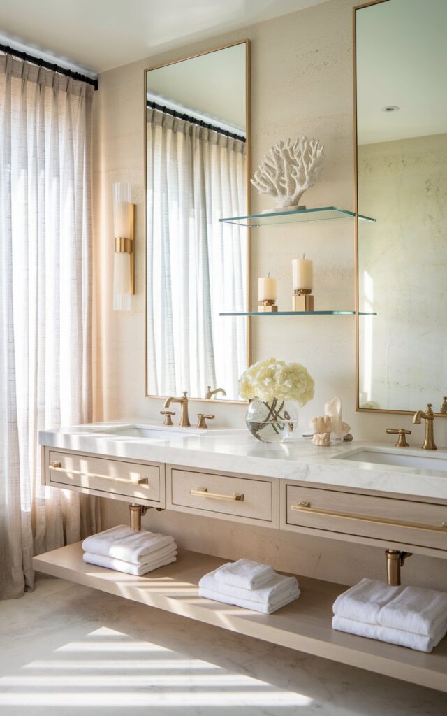 A photo of a glam meets California coastal bathroom with a dual vanity. The vanity has mirrors framed in brushed brass and is separated by two sleek glass shelves. The shelves hold a sculptural coral piece, a luxury candle, and a clear vase with white florals. The walls are sandy beige with a subtle texture. Below the shelves, there is a floating white or light oak vanity with gold fixtures and marble countertops. The room has sheer linen curtains that allow sunlight to pour in, highlighting the coastal tones and a polished, breezy aesthetic with a hint of opulence.