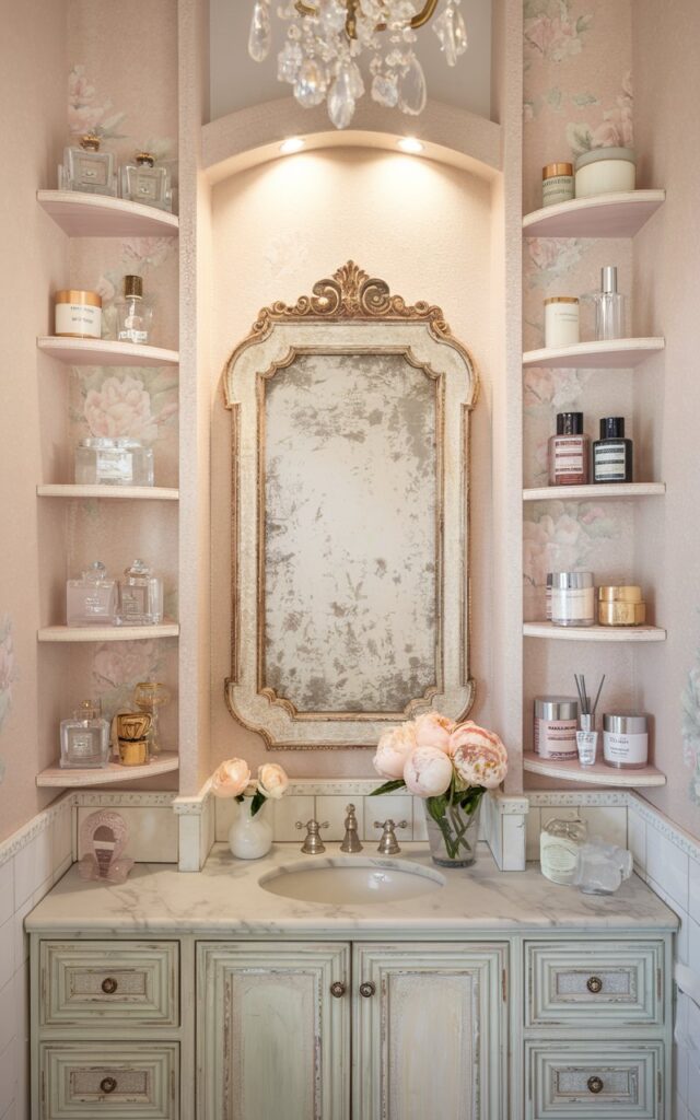A photo of a bathroom with a glam-meets-shabby-chic style. The room has narrow, whitewashed wooden ledges flanking a vintage-style vanity. The ledges hold an array of crystal perfume bottles, delicate skincare jars, and a small vase with fresh peonies. The vanity features an ornate mirror with a distressed gold frame, soft pastel cabinetry, and a marble countertop. The backdrop is a pale blush or cream textured wall with subtle floral wallpaper accents. Soft, warm lighting from a chandelier above adds a luxe glow, blending shabby charm with sophisticated glamour effortlessly.
