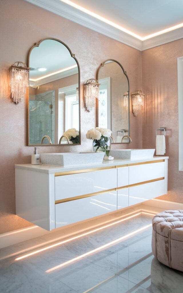 A photo of a glam-style ensuite bathroom with a floating double vanity as the focal point. The vanity is sleek and wall-mounted in high-gloss lacquered white with gold-trimmed drawer fronts. Dual vessel sinks in white marble sit beneath large arched mirrors with ornate gold frames. Glamorous sconces with crystal accents flank each mirror, casting a warm glow. The walls are a soft blush with subtle metallic wallpaper texture. Under-cabinet LED lighting adds a luxe touch, creating a soft floor glow. A plush ottoman rests nearby on polished marble flooring, and fresh white peonies sit in a glass vase between the sinks.