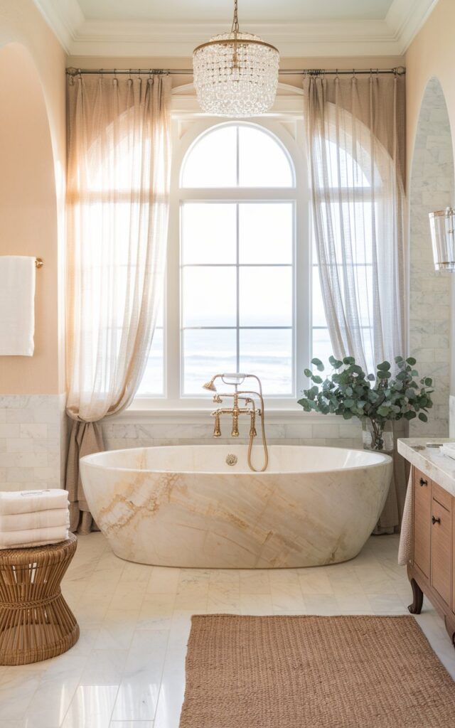A photo of a glamorous California coastal bathroom with a freestanding soaking tub made of glossy white marble with soft beige and sand-colored veining. The tub is located beneath a large arched window framed by breezy sheer curtains, allowing warm coastal light to enter the space. Crystal pendant lighting hangs overhead, and brushed gold fixtures glint softly against the stone. The room features white oak flooring, pale ocean-toned walls, a wooden vanity, and woven textures like a jute rug and rattan stool, creating a relaxed yet refined ambiance. A vase of eucalyptus and stacked beachy towels complete the airy, sun-kissed luxury.