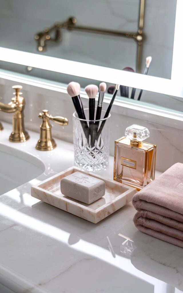 A photo of a glamorous bathroom vanity with a glossy white countertop, accented by gold fixtures and a large, backlit mirror. The sink is centered beside the mirror. A designer marble soap dish, veined in soft greys or blush tones, holds a sculpted bar of luxury soap. The soap dish gleams under the ambient lighting. Surrounding the dish are a crystal tumbler with makeup brushes, a velvet hand towel folded with care, and a gold-framed perfume bottle. The scene radiates polished sophistication, with every element chosen for maximum impact and luxe appeal.