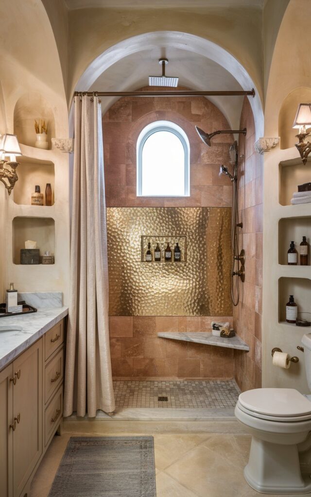 A photo of a glamorous bathroom with a Mediterranean flair. The shower area has a rainfall showerhead, a curtained window, and is lined with warm-toned stone tiles. A metallic strip of hammered gold tiles highlights a shower niche. The bathroom has arched details, a marble bench, brushed gold fixtures, and ornate sconces. There is a vanity, a toilet, open shelves with essentials, and a floor rug outside the shower area.