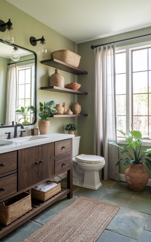 A photo of a lively modern rustic bathroom with walls painted in soft sage green, providing a fresh, earthy base. Dark walnut wood vanity and open shelving add rich contrast, showcasing natural textures like woven baskets and pottery. Matte black fixtures and hardware bring bold, modern accents that pop against the green backdrop. Warm stone tile flooring grounds the space, while large windows provide ambient natural light filtered through sheer linen curtains. Accents like a jute rug, green plants in terracotta pots, and vintage-style light fixtures complete the inviting, balanced, and textured atmosphere.