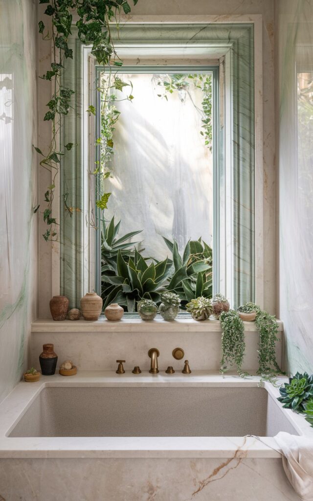 A photo of a luxurious biophilic bathroom with a window trimmed with polished white marble. The window features soft green veining and is surrounded by a deep marble ledge. The ledge is home to trailing potted vines, sculptural succulents, and ceramic jars. The window frames lush outdoor greenery, blurring the line between inside and out. The walls are clad in light natural stone, and there's a soaking tub in matte stone with brushed gold fixtures. The space is filled with organic textures like linen, bamboo, and smooth marble.