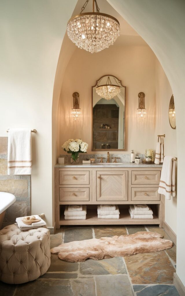 A photo of a luxurious Alpine chic bathroom painted in creamy neutral tones. The walls are in soft ivory, blending seamlessly with the warm stone flooring and a natural wood vanity. There's a crystal chandelier, a gold-rimmed mirror, and brushed brass fixtures. A faux fur rug, fluffy towels, and a tufted ottoman bring alpine softness. Subtle marble accents and mood lighting elevate the space. The creamy palette glows under soft lighting, creating a tranquil, lodge-meets-luxury retreat.