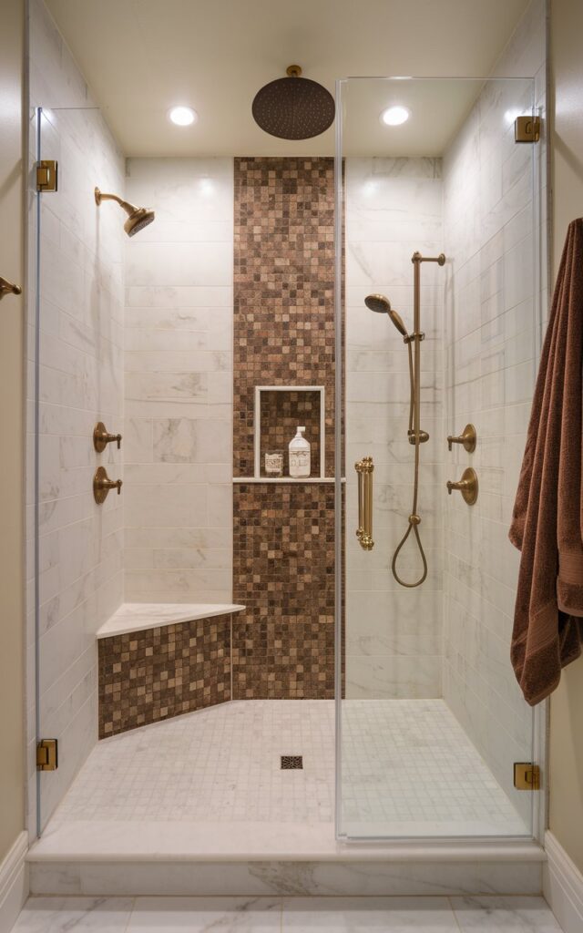 A photo of a luxurious walk-in shower with a striking mix of mocha and white tones. The walls are lined with large white marble tiles. There is a rich mocha-toned mosaic on the shower niche and bench. The shower has a frameless glass enclosure with sleek gold fixtures and a rainfall showerhead. The mocha elements bring warmth and depth, balancing the brightness of the white for an inviting, spa-like feel. Soft lighting glows from recessed ceiling lights. A plush towel in a matching mocha hue hangs nearby, completing the high-end, harmonious look.