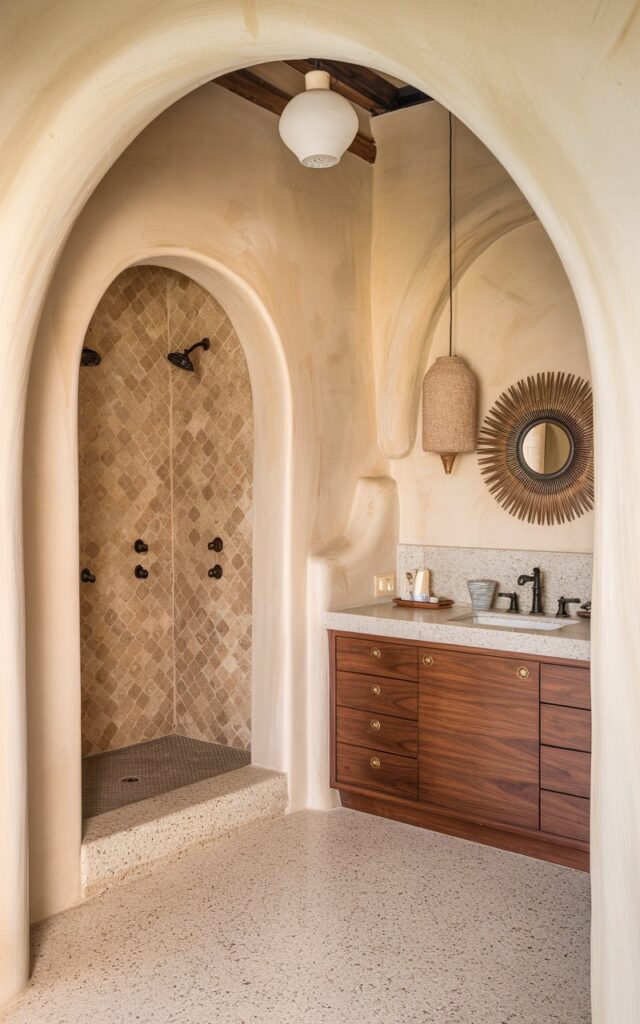 A photo of a mid-century modern + Mediterranean ensuite bathroom with graceful archways. The room has a wide, rounded arch connecting it to the bedroom. Inside, smaller arches define zones - one leads to the walk-in shower with zellige tiles in warm clay tones, and another to a built-in vanity alcove with walnut cabinetry and brass pulls. The floors are terrazzo or travertine, and the walls are creamy stucco. Mid-century pendant lights and a sunburst mirror add retro charm to the relaxed, sun-washed ambiance.