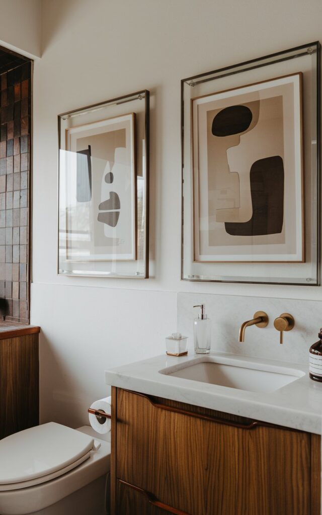 A photo of a mid-century modern bathroom with clean white walls, warm wood accents, and minimalist fixtures. There are two abstract art pieces in sleek glass frames hung above the toilet. The artwork showcases bold shapes and muted tones, adding visual interest and personality to the space. The bathroom has a balanced and stylish retro atmosphere.