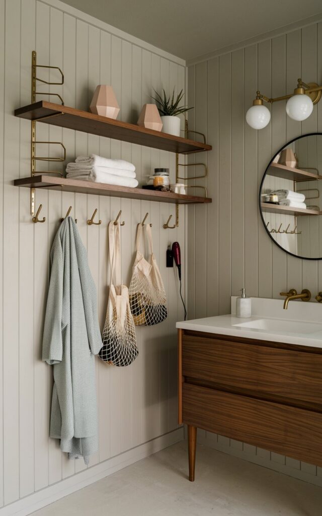 A mid-century modern bathroom showcasing a sleek wall unit combining floating walnut shelves above with clean-lined brass hanging hooks below. The shelves display geometric planters, neatly folded towels, and retro-style jars, while the hooks below hold robes, mesh storage bags, or a vintage hairdryer. The wall is clad in vertical wood paneling. Paired with a floating vanity and tapered legs, atomic light fixtures, and minimalist round mirror, this layout brings utility and style together with a bold nod to vintage-modern cool.