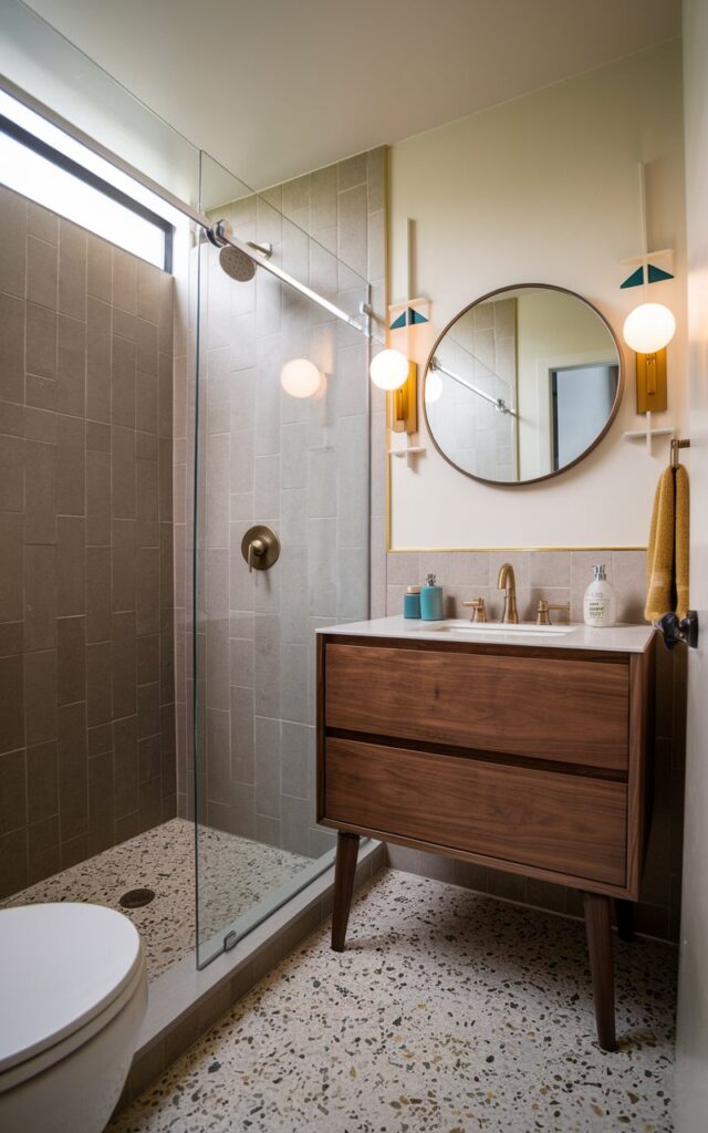 A photo of a mid-century modern small bathroom. The shower area has oversized taupe tiles and is enclosed with clear glass. The floating walnut vanity has clean lines and tapered legs. There is a round mirror above the vanity and retro globe sconces on either side. The floor is terrazzo-style. The room has subtle geometric accents and a pop of mustard or teal in decor elements. The overall space is stylish, space-savvy, and timelessly modern. Natural light is soft, ambient.