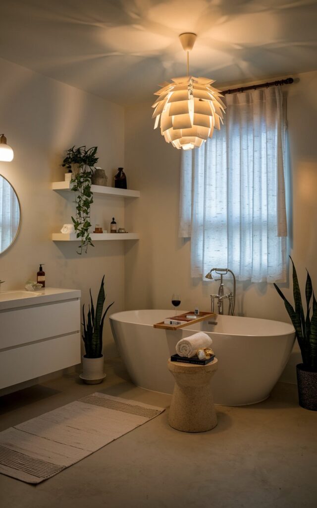 A photo of a minimalistic bathroom with a glam touch. The room features a sculptural statement pendant light above a freestanding tub. Beside the tub, there is a stool with rolled towels, a wine glass, a book, and a curtained window that is fluttering. The bathroom has a vanity, open shelves, a floor rug, and a few plants. The room is lit by warm light from the pendant light, which illuminates the entire space.