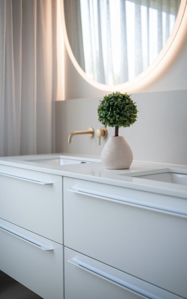 A photo of a minimalistic chic bathroom with a clean white vanity featuring sleek, handle-less drawers. On the vanity sits a small, modern ceramic pot holding a neatly pruned green plant, adding a subtle natural touch. The background includes a round backlit mirror, a light grey wall, and soft gold faucet fixtures. Natural light filters through a sheer curtain, enhancing the serene, uncluttered ambiance.