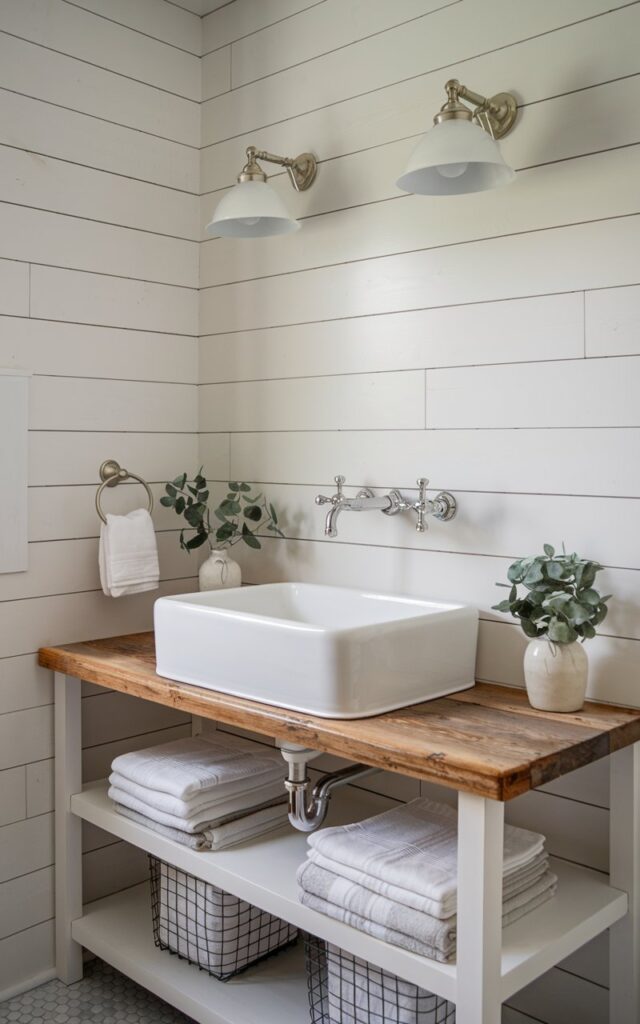 A photo of a minimalistic farmhouse bathroom with a wall-mounted brushed nickel faucet above a reclaimed wood vanity with a white apron-front sink. The backsplash is white shiplap tile with soft gray grout, keeping the look clean and simple. Open shelving below the vanity stores neatly folded towels and wire baskets. The room features soft whites, warm wood tones, and muted grays, with a touch of greenery in a small ceramic pot. The wall-mounted faucets free up counter space, enhancing the uncluttered and practical feel of this modern farmhouse-inspired space.