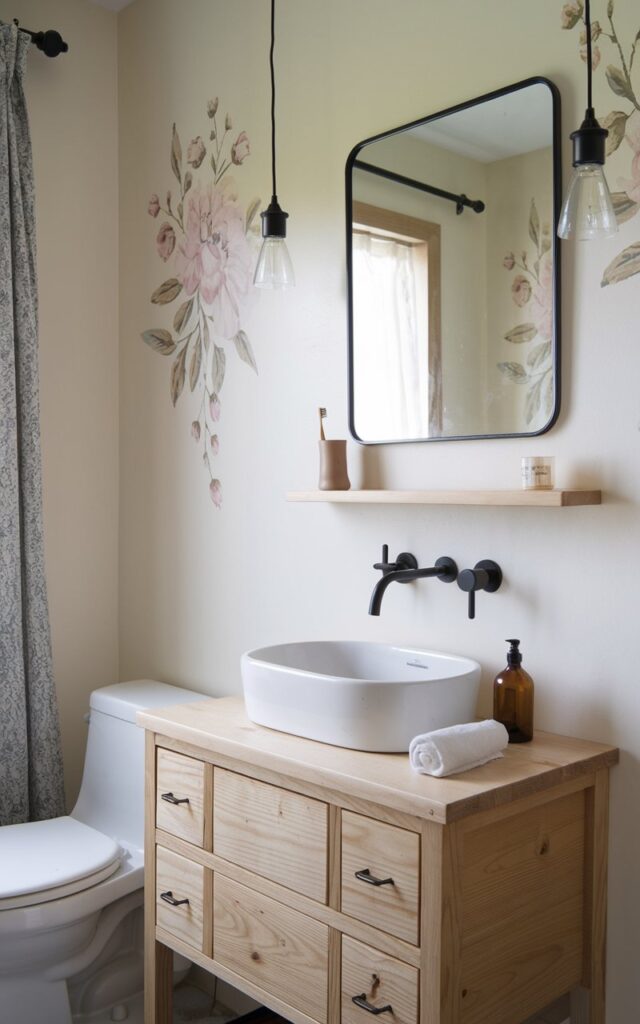 A photo of a minimalistic farmhouse bathroom. There's a single floating shelf mounted above a simple wooden vanity, holding a matte ceramic toothbrush holder, a small amber glass bottle, and a neatly rolled hand towel. The vanity has shaker drawers, a white vessel sink, and a matte black faucet. The walls have floral decals in pastel tones, and a mirror with a thin black metal frame sits just below the shelf. There's also a toilet, pendant lights, and a curtained window.