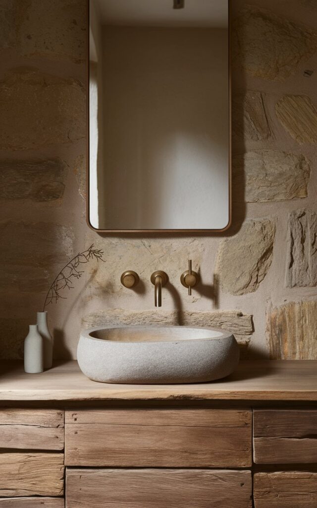 A minimalistic rustic bathroom with a sleek brushed brass tap and hardware installed above a simple, raw-edged stone sink. The faucet has clean, modern lines that contrast beautifully with the organic textures around it. The wall behind the sink is finished in exposed stone in muted, earthy tones. The vanity is made of reclaimed wood with a minimalist design—no ornate detailing, just clean cuts and visible grain. The brushed brass adds a warm, refined accent without overwhelming the space. A mirror with a thin wood border hangs above, and a single sprig of dried foliage sits in a neutral-toned vase nearby. The overall feel is quiet, grounded, and effortlessly elegant. Natural light is soft, even through the room.