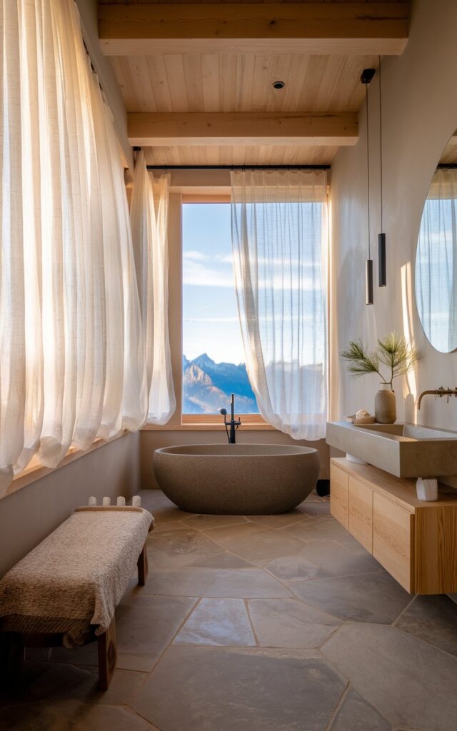 A photo of a modern Alpine chic ensuite bathroom with large picture windows softly dressed in sheer, white translucent drapery. The diffused mountain light spills into the space, casting a warm, natural glow. The bathroom features a freestanding matte stone tub positioned near the window, framed by the flowing curtains. Natural materials dominate—light oak ceiling beams, a floating vanity in warm wood, and brushed nickel fixtures. The walls are smooth plaster in a soft taupe-gray tone, complemented by oversized stone-look floor tiles. A wool-textured bench, minimal pendant lighting, and a few pine sprigs in a ceramic vase complete the cozy-yet-elevated vibe. The overall feel is warm, private, and cocooned in soft mountain light.