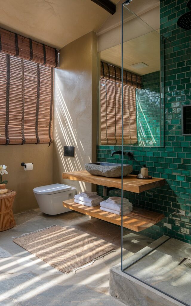 A photo of a modern Balinese bathroom with rich, deep emerald-green tiles that add a dramatic edge and evoke lush tropical foliage. The tiles clad one accent wall behind a sleek stone vessel sink atop a floating teak vanity with minimalist black hardware. Surrounding walls are finished in smooth, warm plaster, while the floor is laid in natural stone looking like river rock. A frameless glass shower showcases the green tile as a backdrop for rain-style fixtures in matte black. Rattan stools and soft linen towels enhance the island-inspired luxury. Ample natural light filters through bamboo blinds, creating serene shadows that highlight the tile's sumptuous color and texture. The space also has a toilet, curtained window, floor rug, shower area, etc.