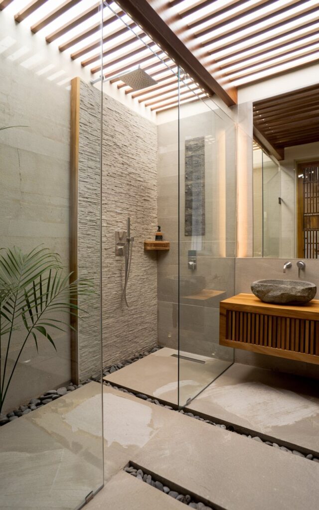 A photo of a modern Balinese minimalistic bathroom with frameless glass shower panels. The shower area has textured stone walls, a rainfall showerhead, and a wooden ceiling panel. The space also includes a floating teak vanity, a stone vessel sink, and a backdrop of large-format neutral tiles. There are natural elements like a potted palm, river stones lining the shower floor, and slatted wood accents. The bathroom has soft indirect lighting and a clutter-free design.