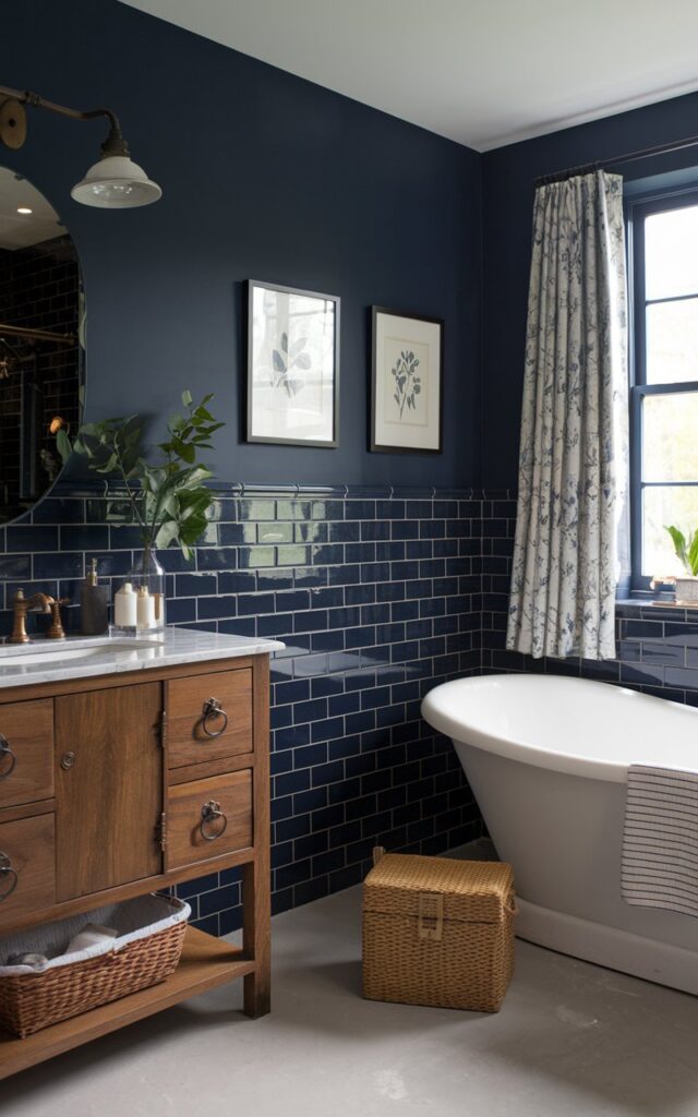 A photo of a modern English countryside bathroom with a moody atmosphere. The walls are covered in deep navy tiles that seamlessly match the wall paint. The lower half of the walls and the shower area are lined with glossy navy subway tiles. The upper walls are painted in a perfectly matched matte navy tone. There is a freestanding white tub with classic curves beneath a window dressed in light floral curtains. A warm wood vanity with vintage-style hardware and a marble top adds rustic charm, paired with brass or aged bronze fixtures. The room is completed with framed botanical prints, a woven hamper, and fresh greenery.