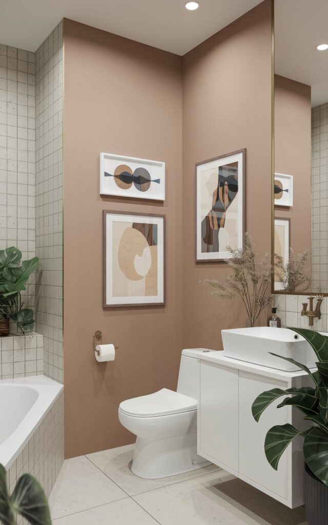 A photo of a modern Japandi and minimalist bathroom with walls painted in a soft matte beige. There are 2-3 framed art pieces on the wall. The bathroom is fully furnished with a white toilet, a white bathtub, a white sink, and a white cabinet. There are also some plants in the bathroom. The natural light is even.